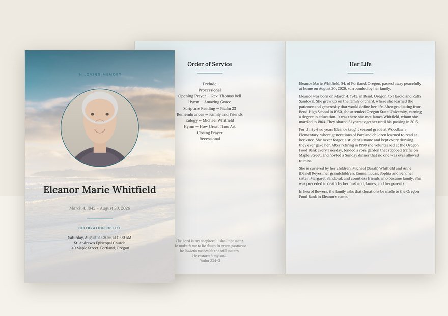 Beach funeral program: cover and inside pages