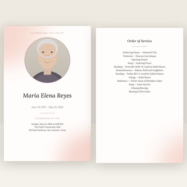 Blush Watercolor funeral program — 8 pages