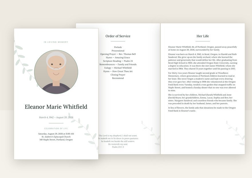 Botanical funeral program: cover and inside pages