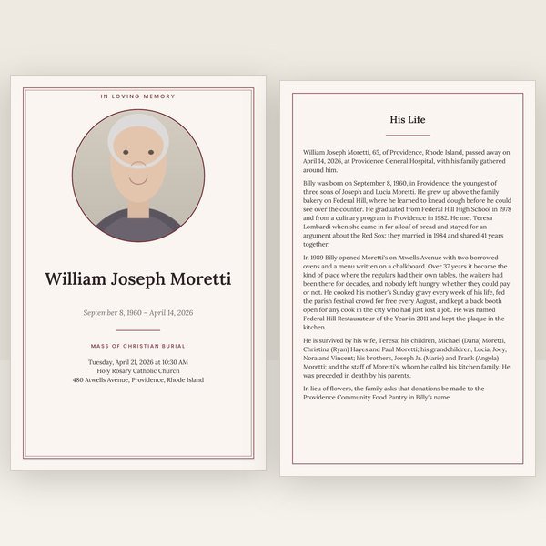 Burgundy funeral program — 12 pages