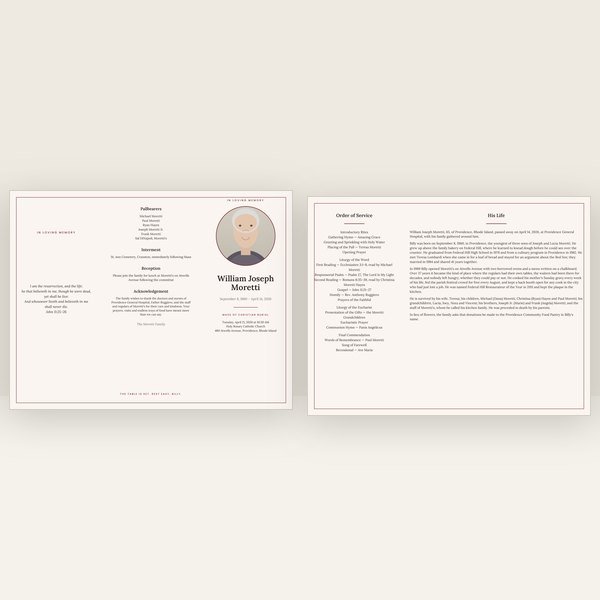 Burgundy funeral program — trifold