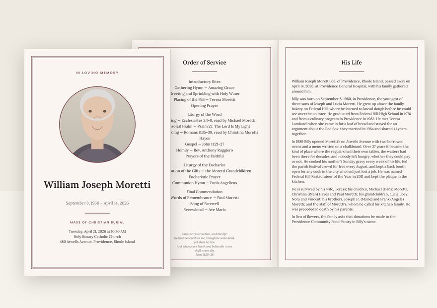 Burgundy funeral program: cover and inside pages