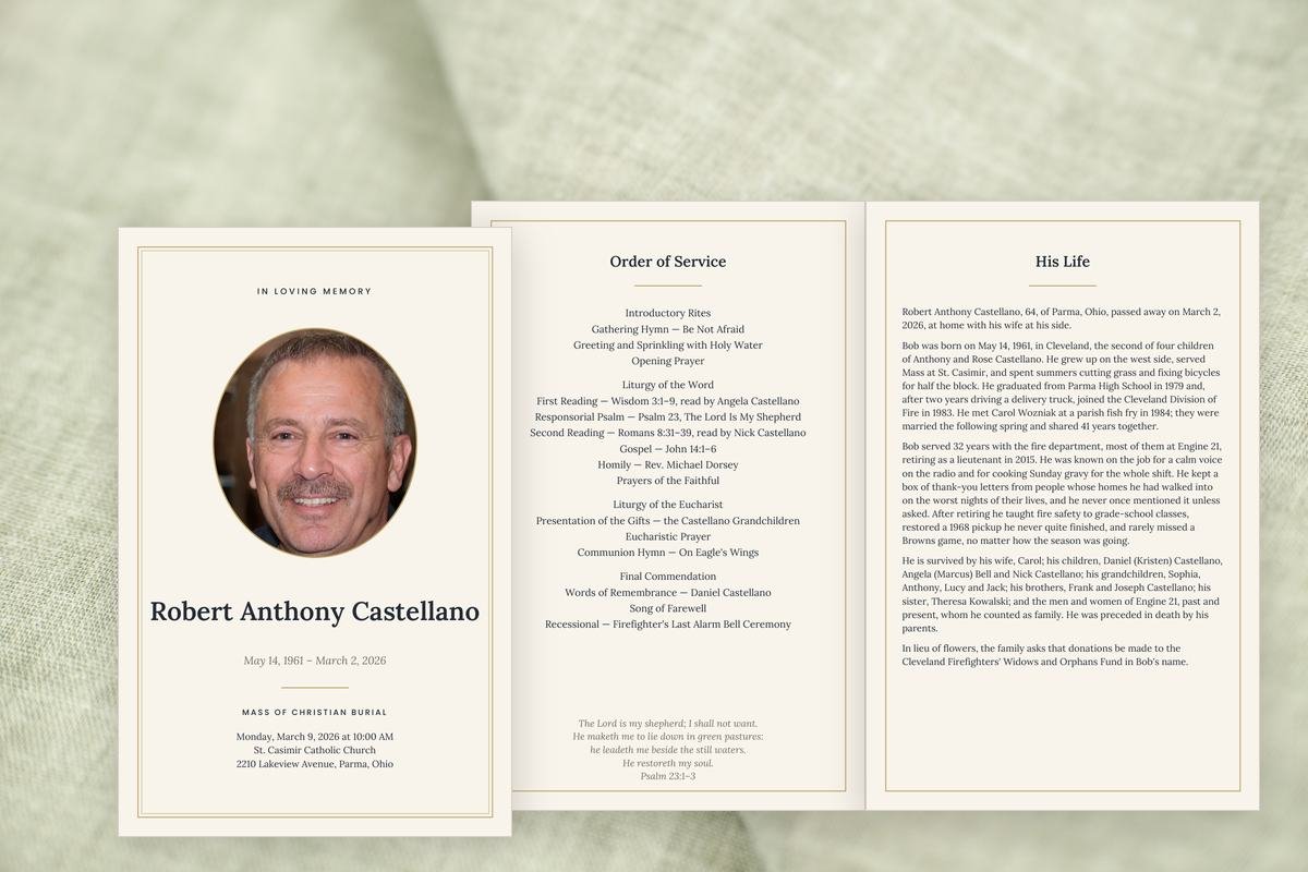 Classic funeral program template — the cover and inside pages, printed