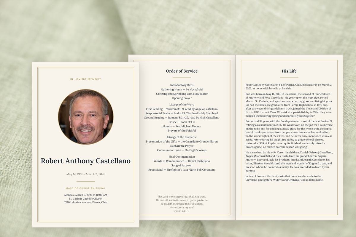 Classic funeral program, printed and folded
