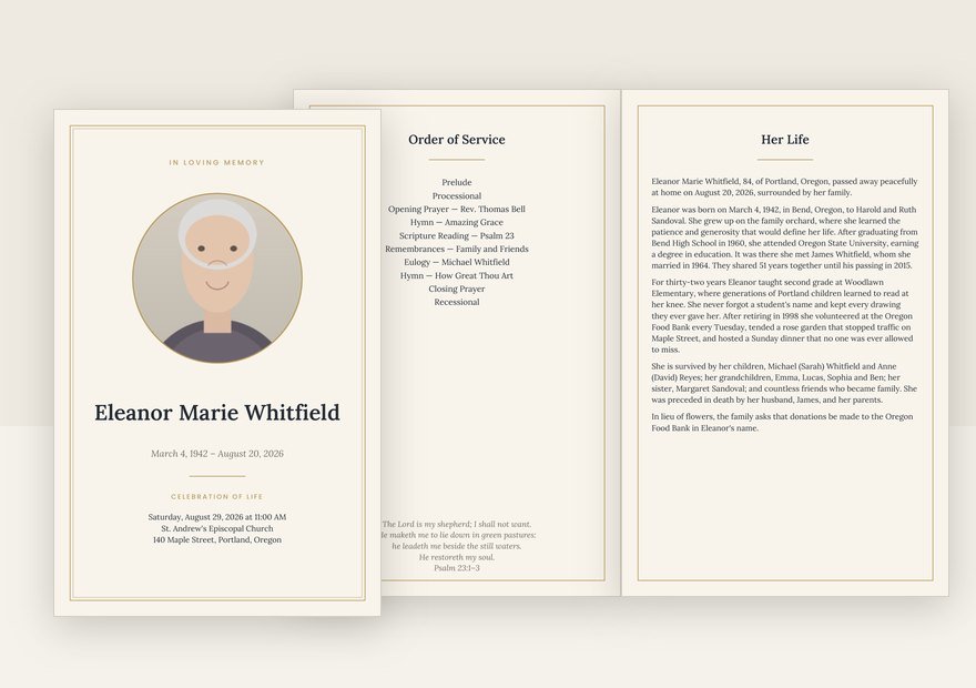 Classic funeral program: cover and inside pages