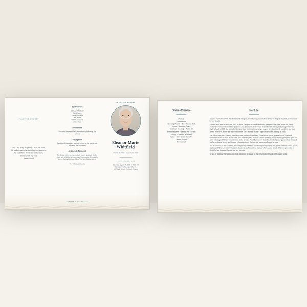 Coastal funeral program — trifold