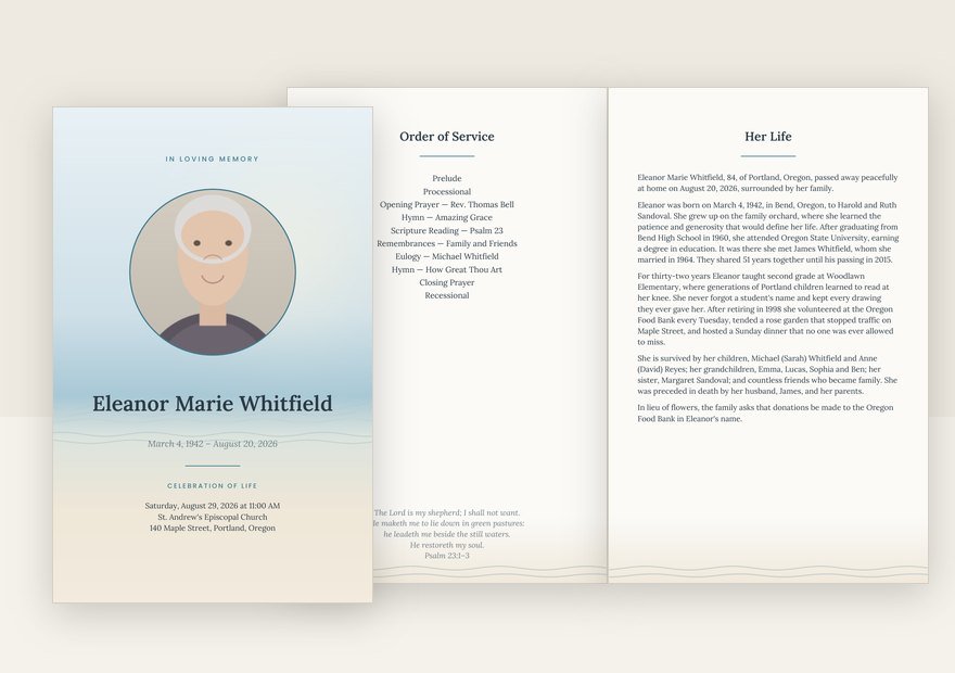 Coastal funeral program: cover and inside pages