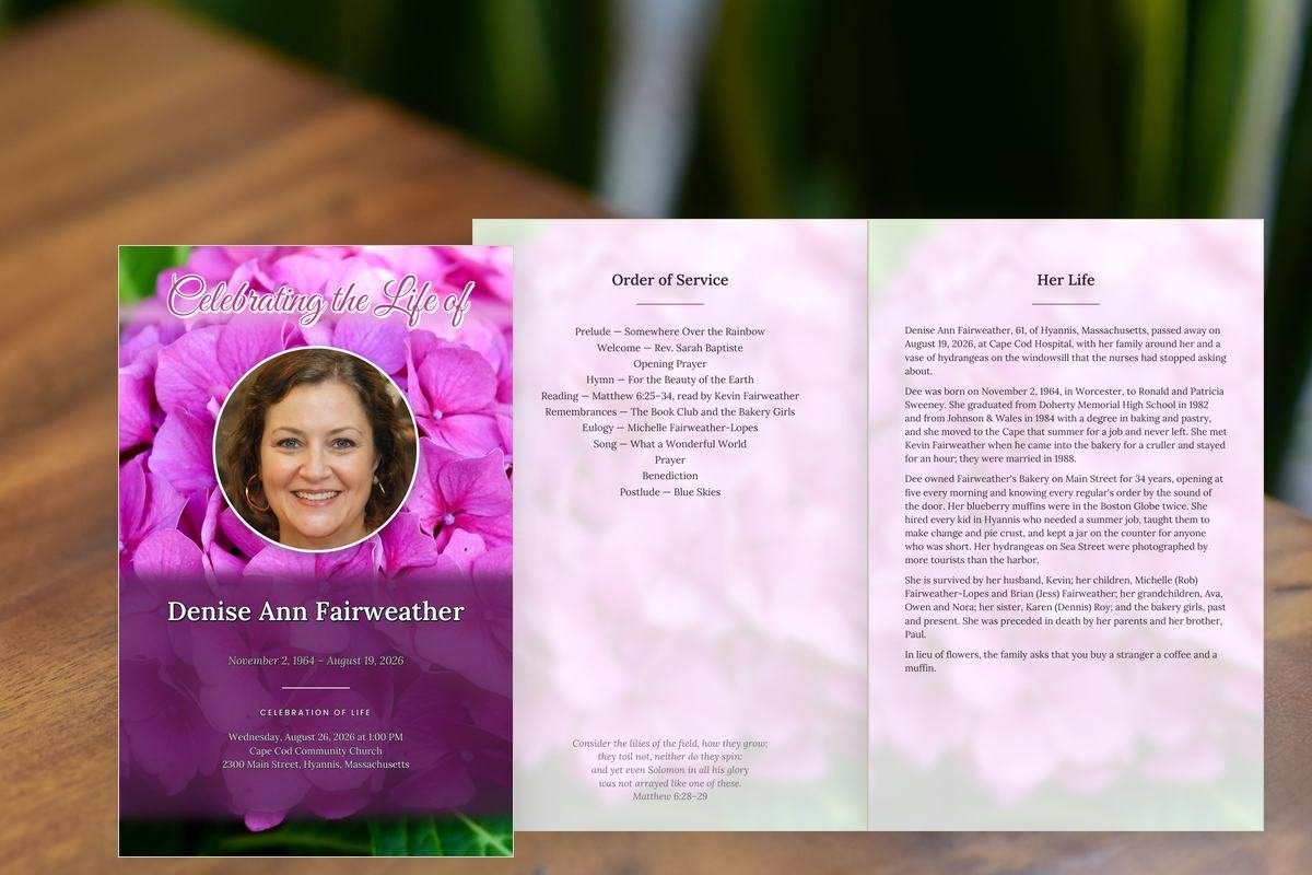 Hydrangea funeral program: cover and inside pages