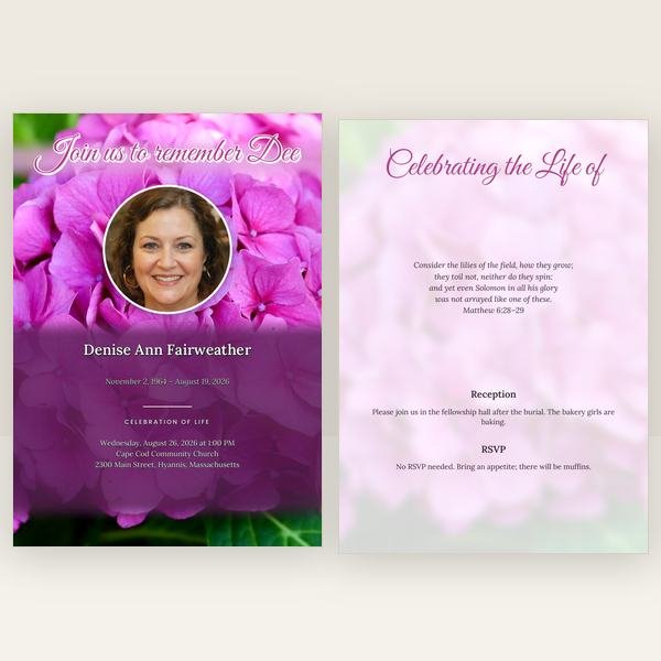 Hydrangea funeral invitation