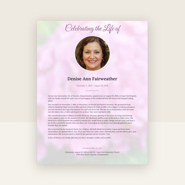 Hydrangea obituary & memorial announcement