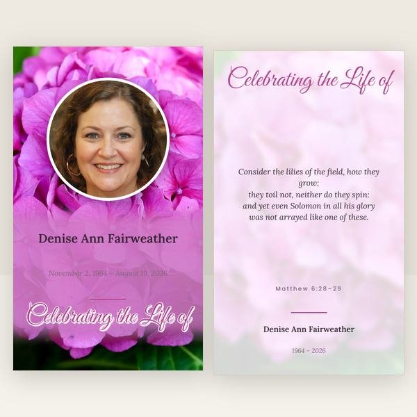 Hydrangea memorial prayer card