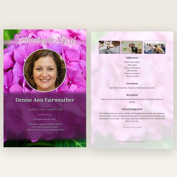 Hydrangea funeral program — 4 pages (a4)