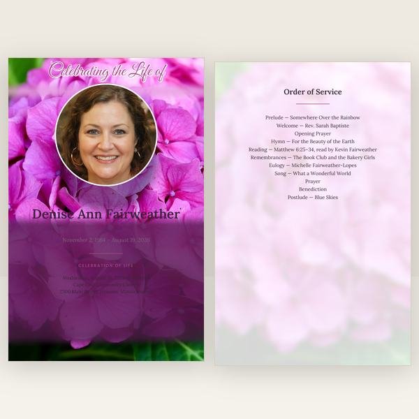 Hydrangea funeral program — 8 pages
