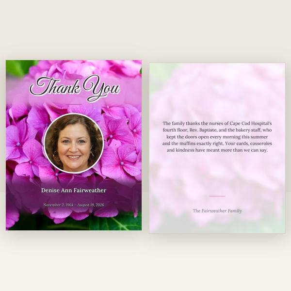 Hydrangea funeral thank you card