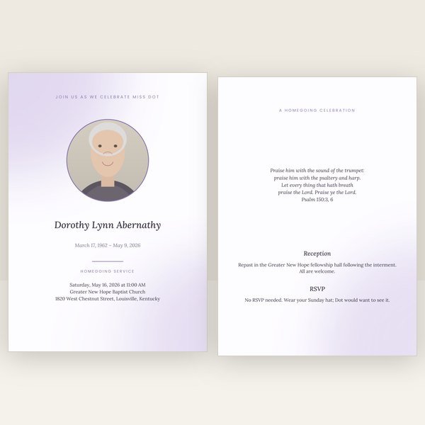 Lavender funeral invitation
