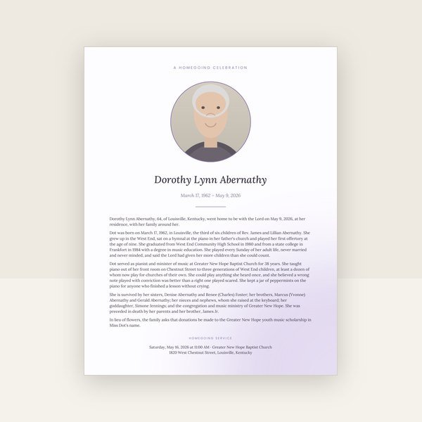 Lavender obituary & memorial announcement