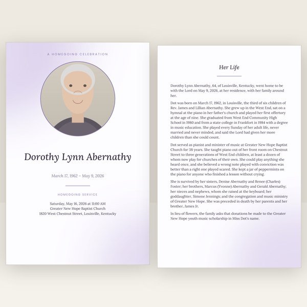 Lavender funeral program — 12 pages