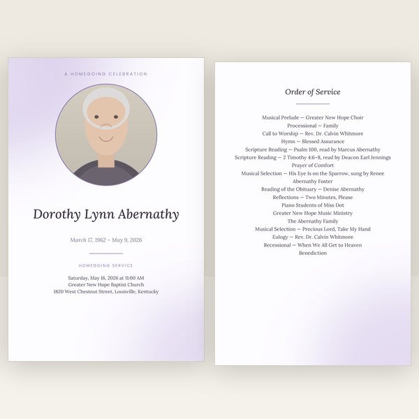 Lavender funeral program — 8 pages