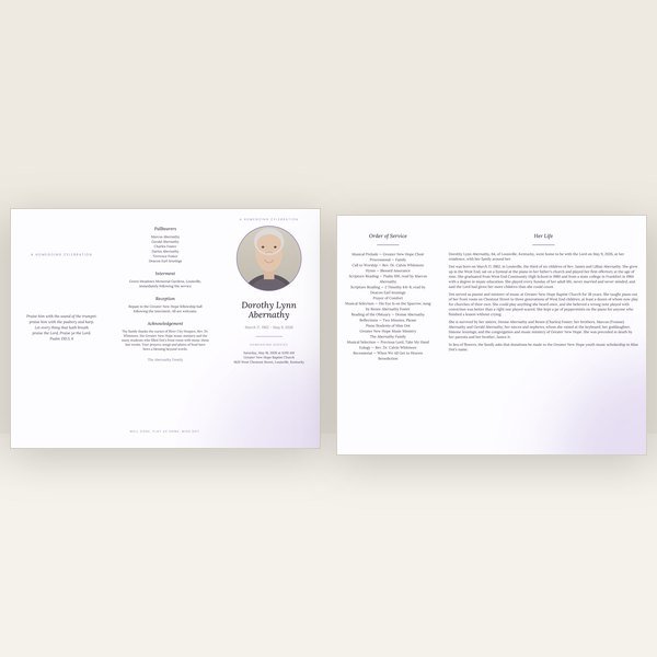 Lavender funeral program — trifold