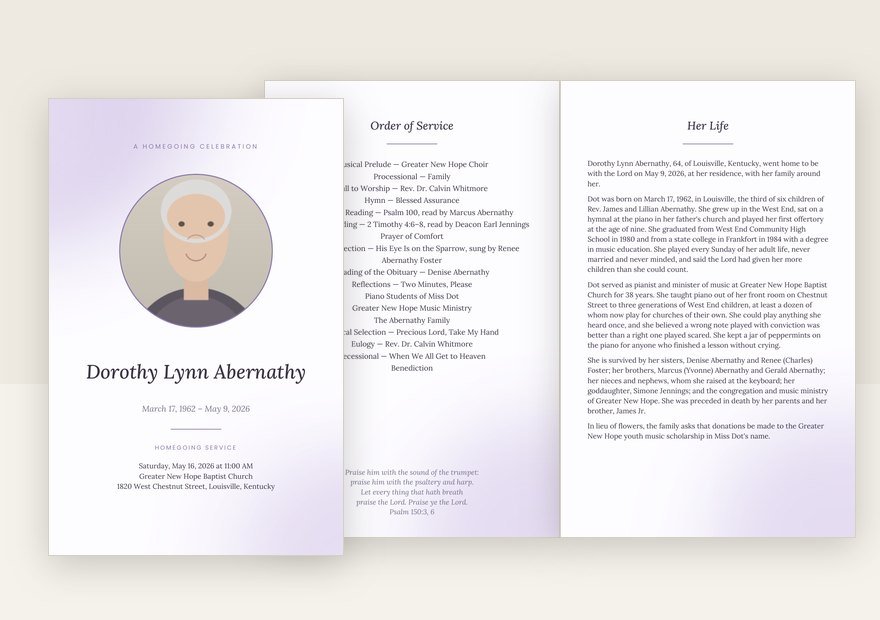 Lavender funeral program: cover and inside pages