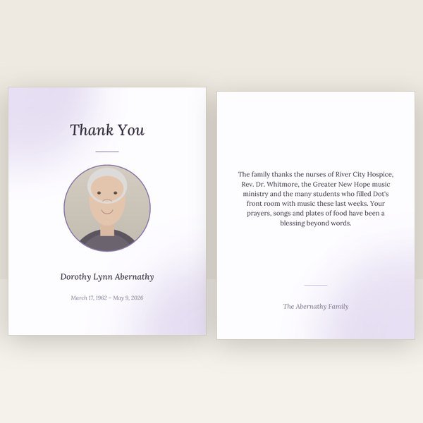 Lavender funeral thank you card