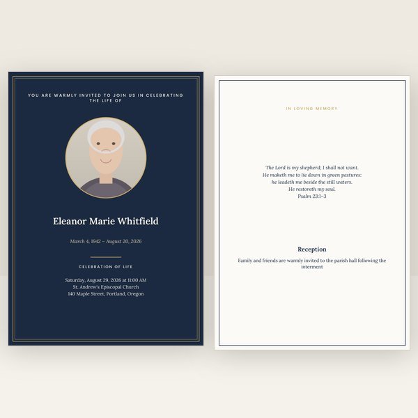 Navy & Gold funeral invitation template