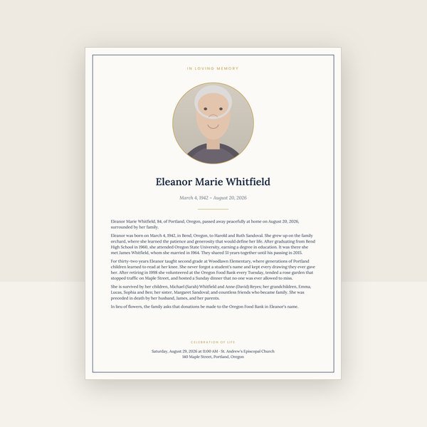 Navy & Gold obituary & memorial announcement template