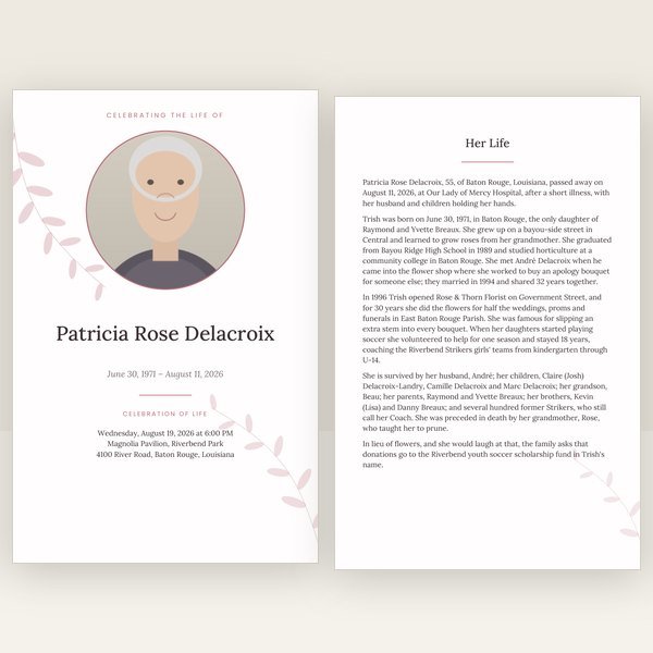 Rose Garden funeral program — 12 pages