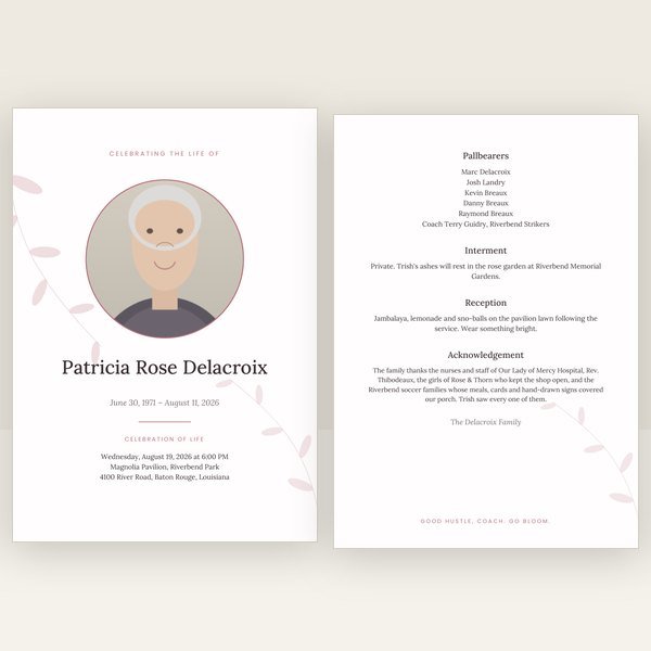 Rose Garden funeral program — 4 pages (a4)