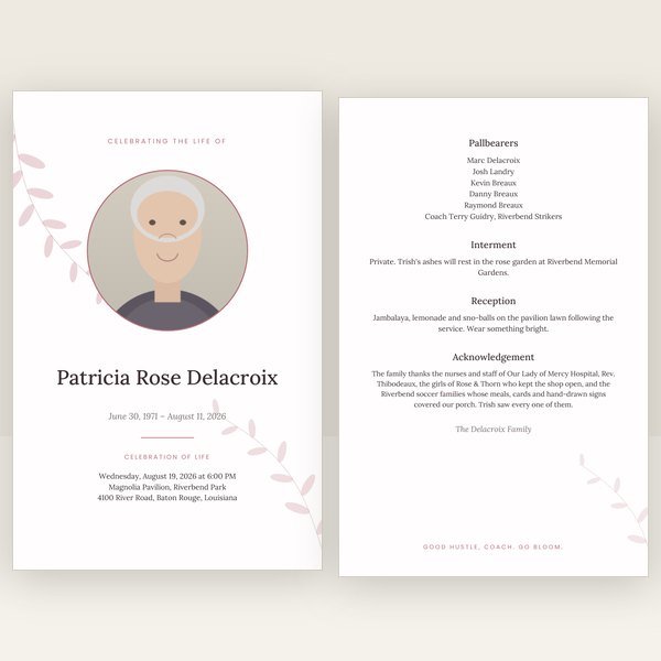 Rose Garden funeral program