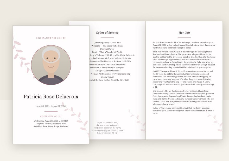Rose Garden funeral program: cover and inside pages