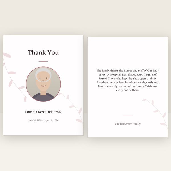Rose Garden funeral thank you card