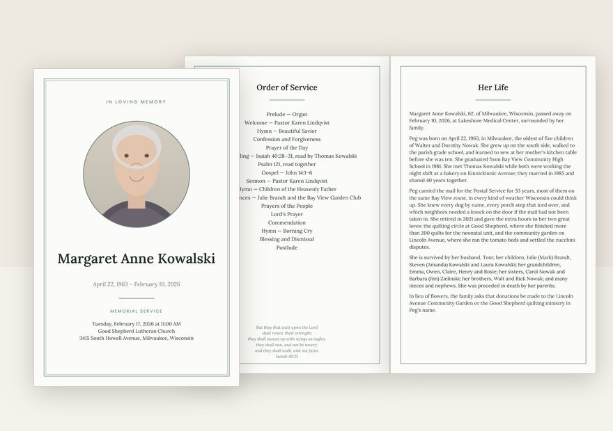 Sage funeral program: cover and inside pages