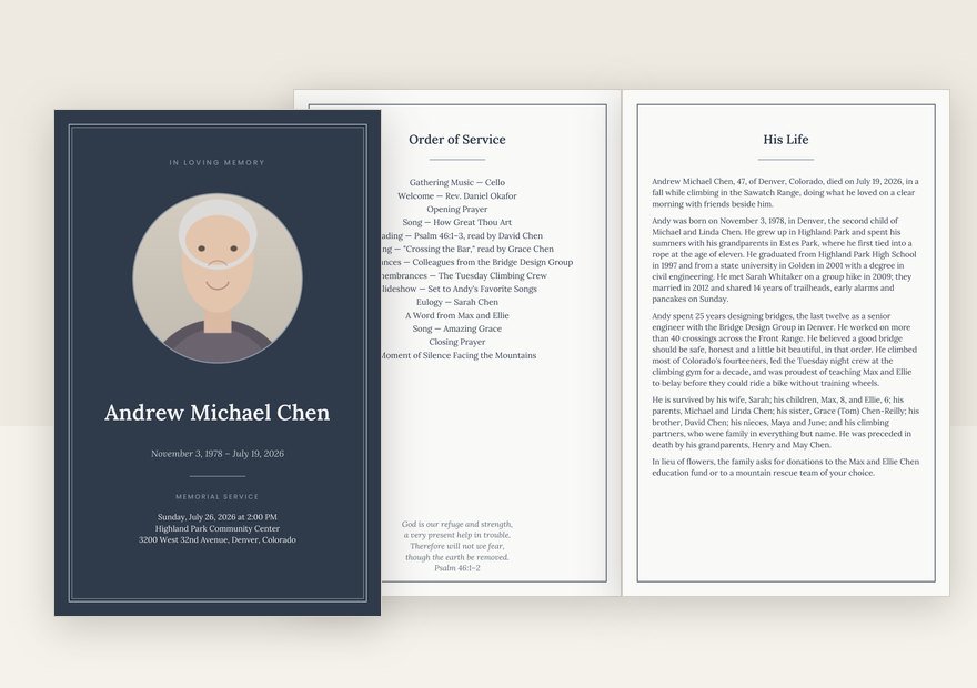 Slate & Silver funeral program: cover and inside pages